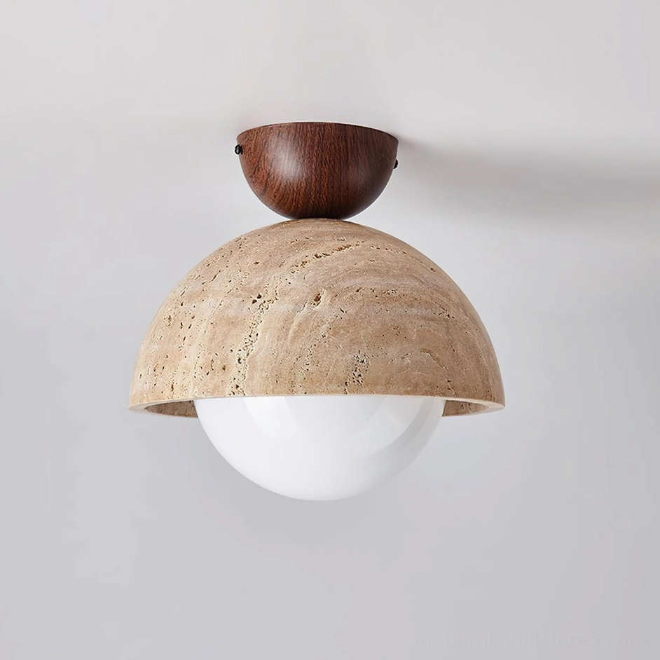 Orella modern ceiling light showing walnut wood canopy and travertine stone dome in residential installation