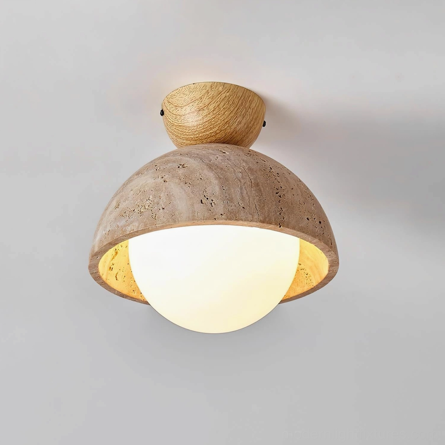 Orella semi-flush mount ceiling light fixture with walnut color wood base and textured travertine dome shade