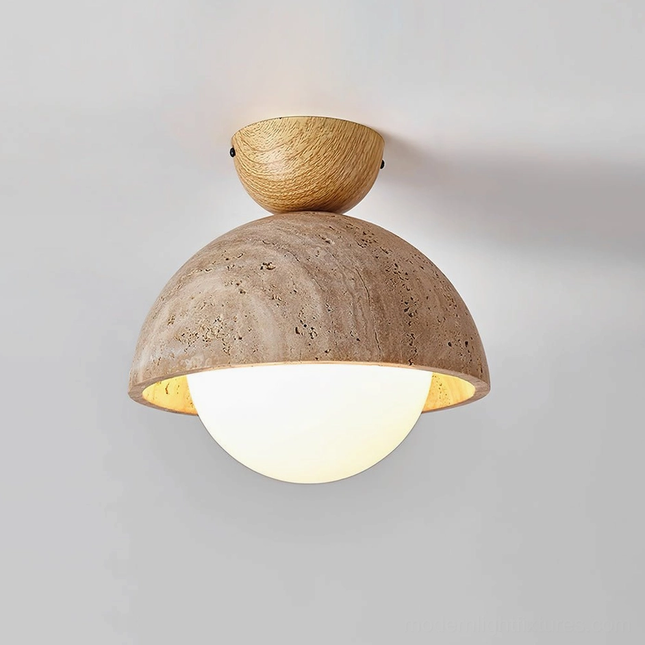 Orella ceiling light fixture with natural wood color canopy paired in hallway creating warm ambient lighting