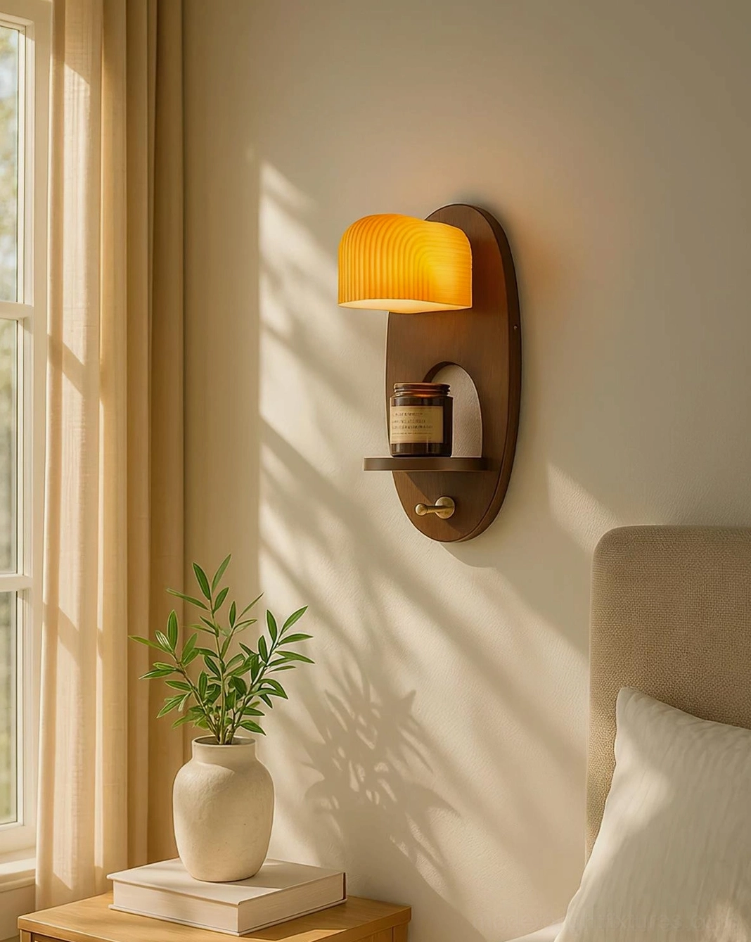 Orenso wall sconce installed in modern bedroom as bedside reading light near natural sunlit window