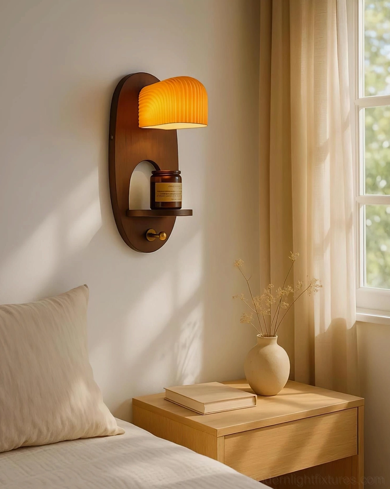 Orenso wooden wall sconce in cozy bedroom setting with linen bedding and minimalist aesthetic