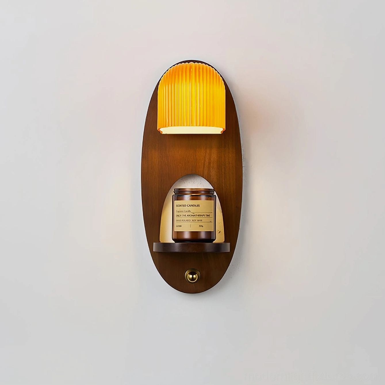 Orenso illuminated wall sconce with storage shelf displaying decorative candle and warm light diffusion