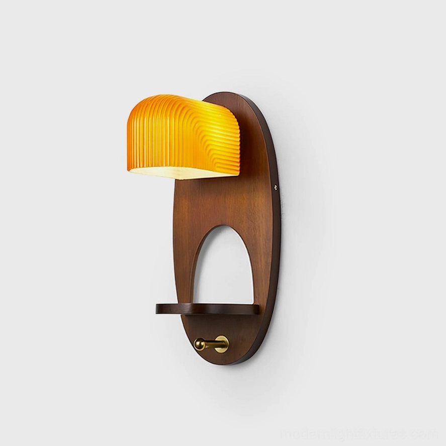 Orenso walnut and amber wall sconce with wooden backplate and ribbed orange glass shade, front studio view