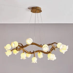 15-head organic branch pendant light fixture with white flower shades and wood-grain canopy