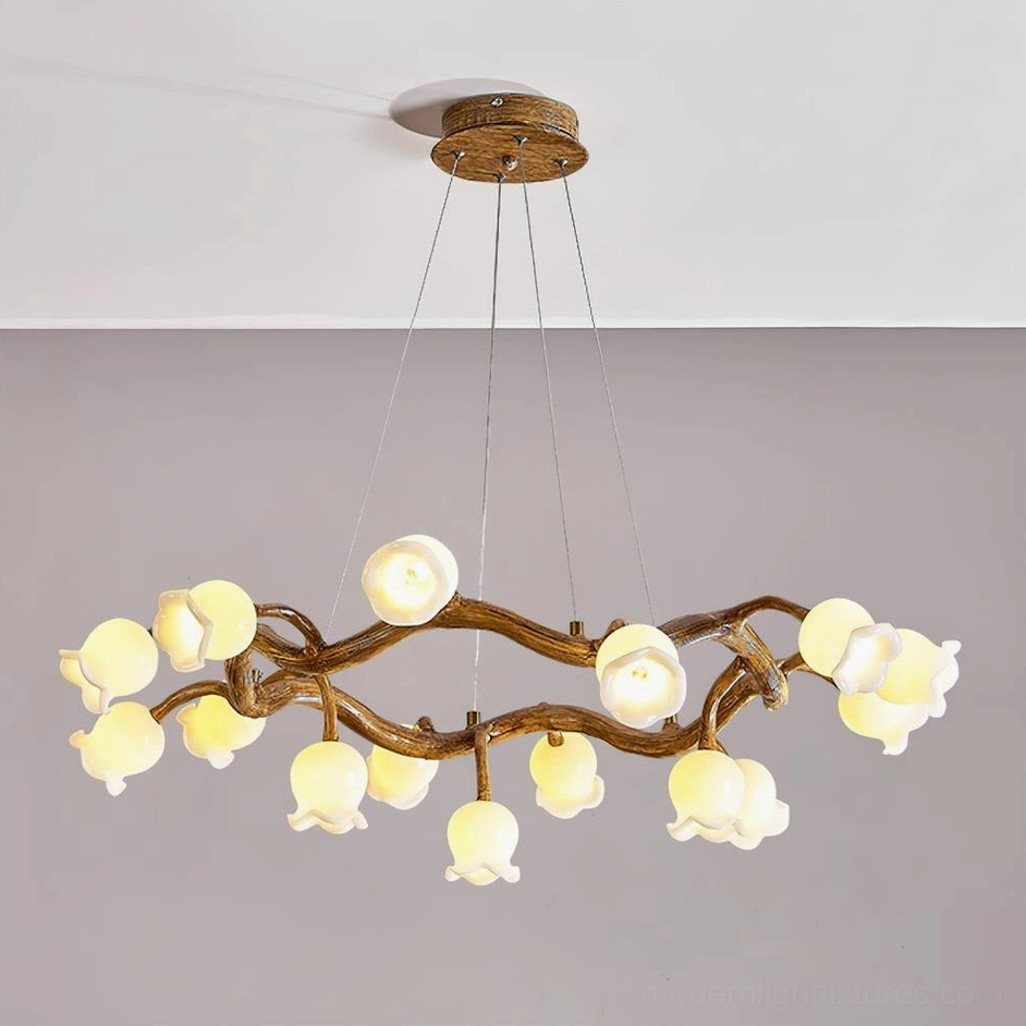 15-head organic branch pendant light fixture with white flower shades and wood-grain canopy