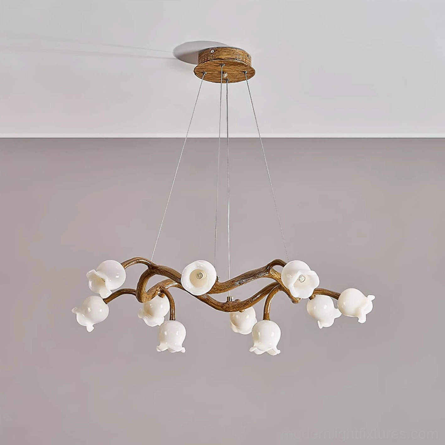 Organic lily of the valley branch chandelier showing asymmetrical natural form design