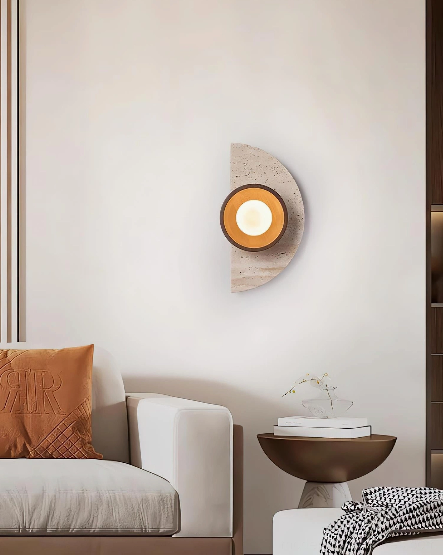 Organic modernist wall lamp combining travertine natural stone with warm wood tones and frosted glass