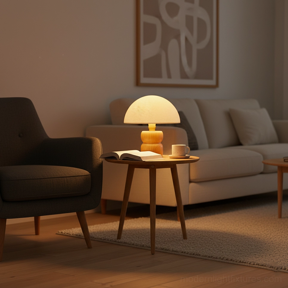 Warm glowing mushroom lamp on small round wooden side table in modern minimalist living lounge area