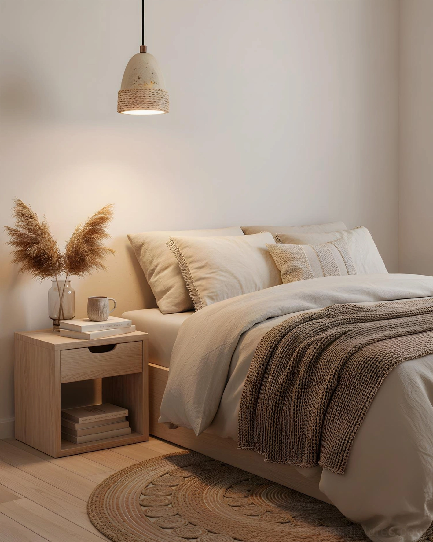 Baskra pendant light in master bedroom showing soft warm lighting from textured stone shade