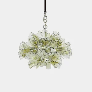 Organic ruffled glass pendant light with champagne-toned hand-formed petals and chrome suspension chain, front view