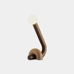 Organic wood table lamp with curved natural forms, frosted glass globe shade, and rich wood grain visible in studio lighting