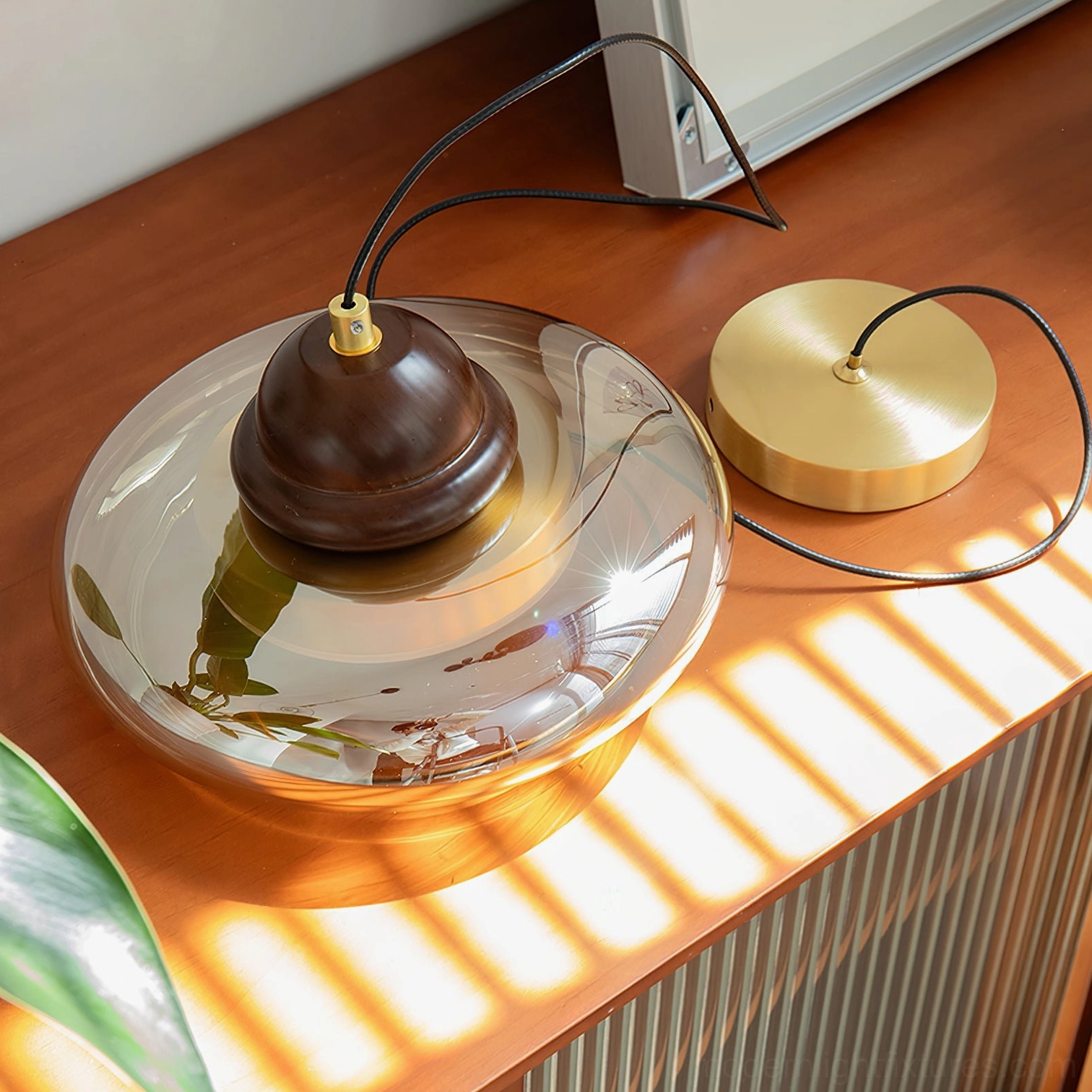 Oria pendant lamp components and parts including glass shade, wood fixture, brass base, and power cord