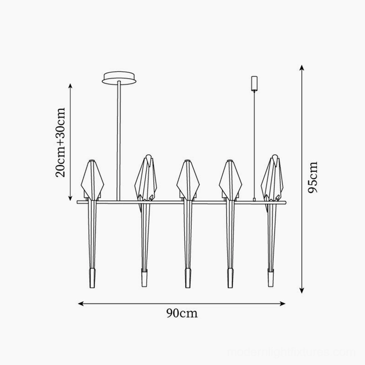 5-head origami crane chandelier orthographic technical drawing specification