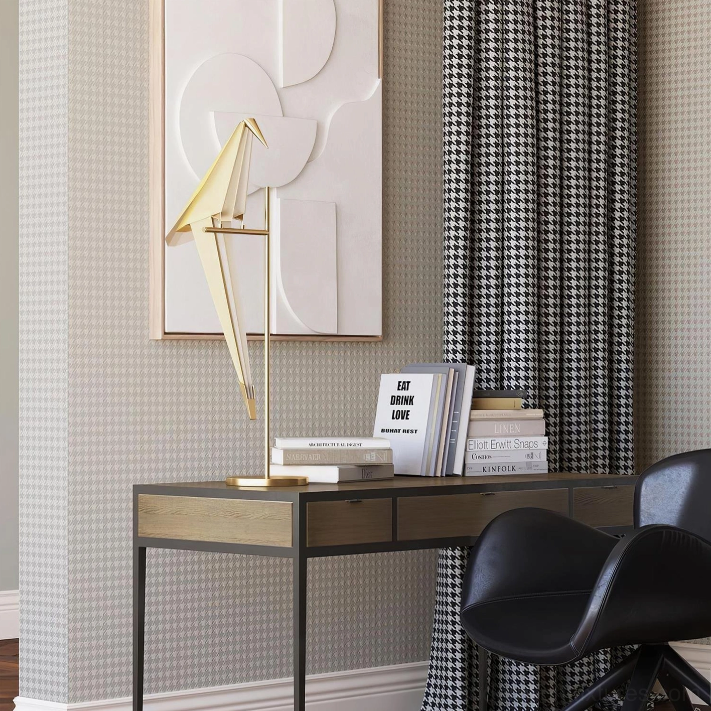 Modern origami crane lamp on wooden home office desk with books and wall art decor