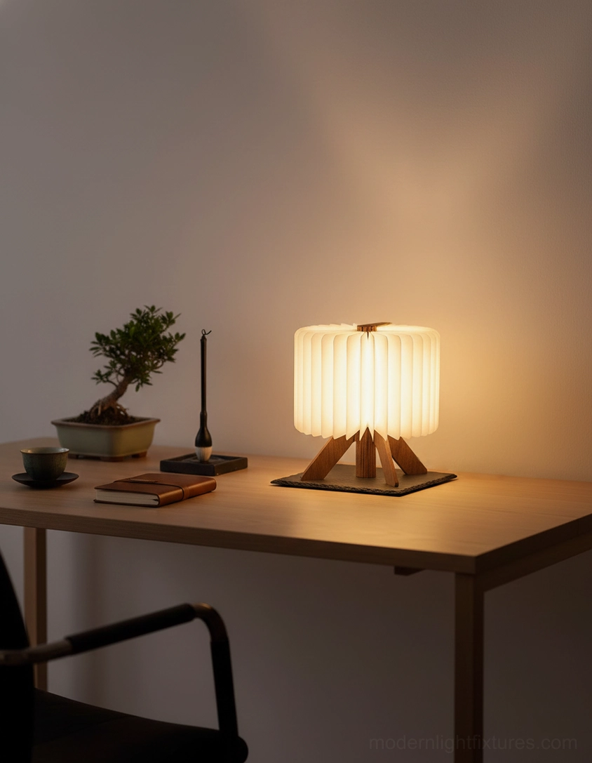 Folding origami desk lamp in home office study area paired with bonsai plant and desk stationery