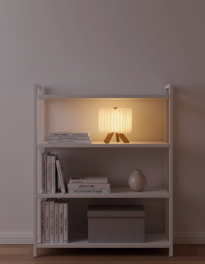 Book-folding style origami table lamp frontal indoor view displayed on white bookshelf with storage boxes