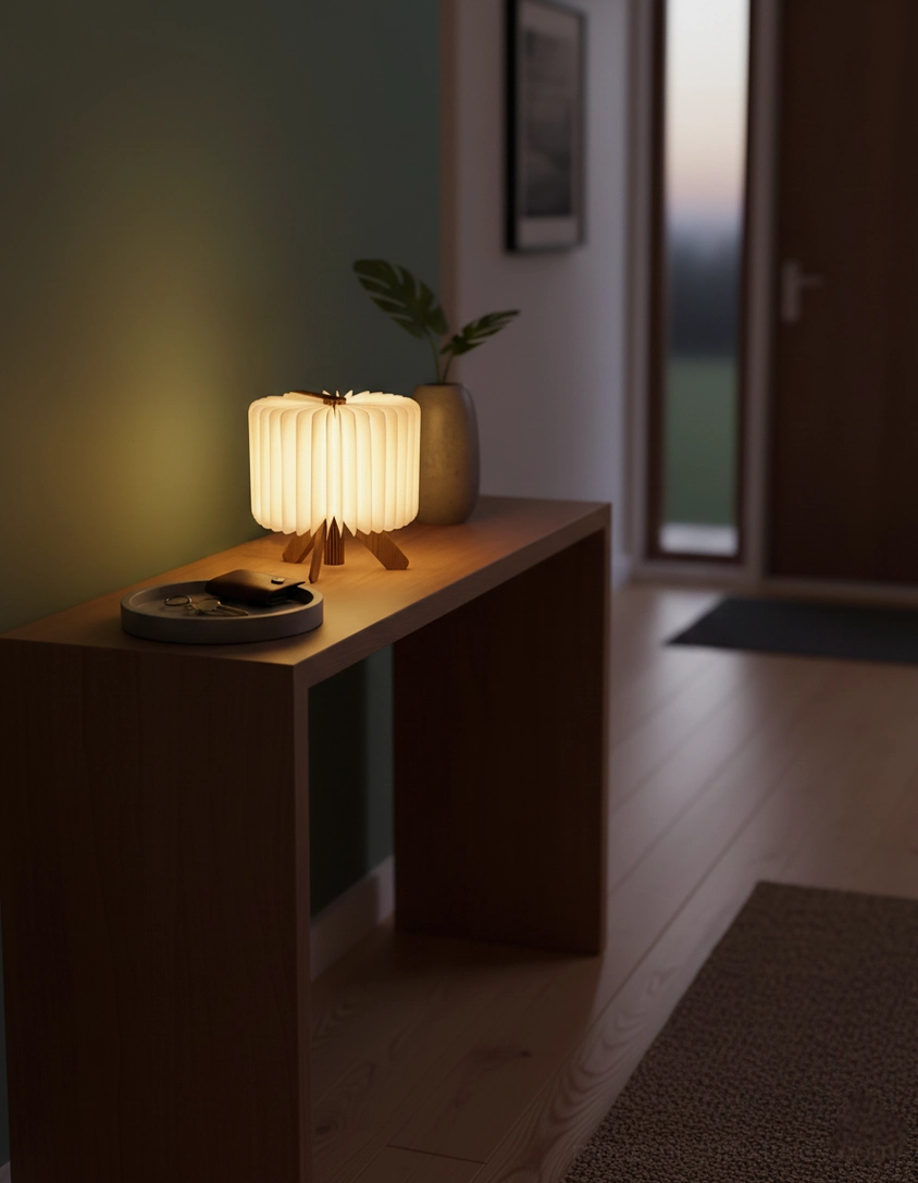 Origami wood table lamp on entryway console table with potted plant and wall decor, modern home accent lighting