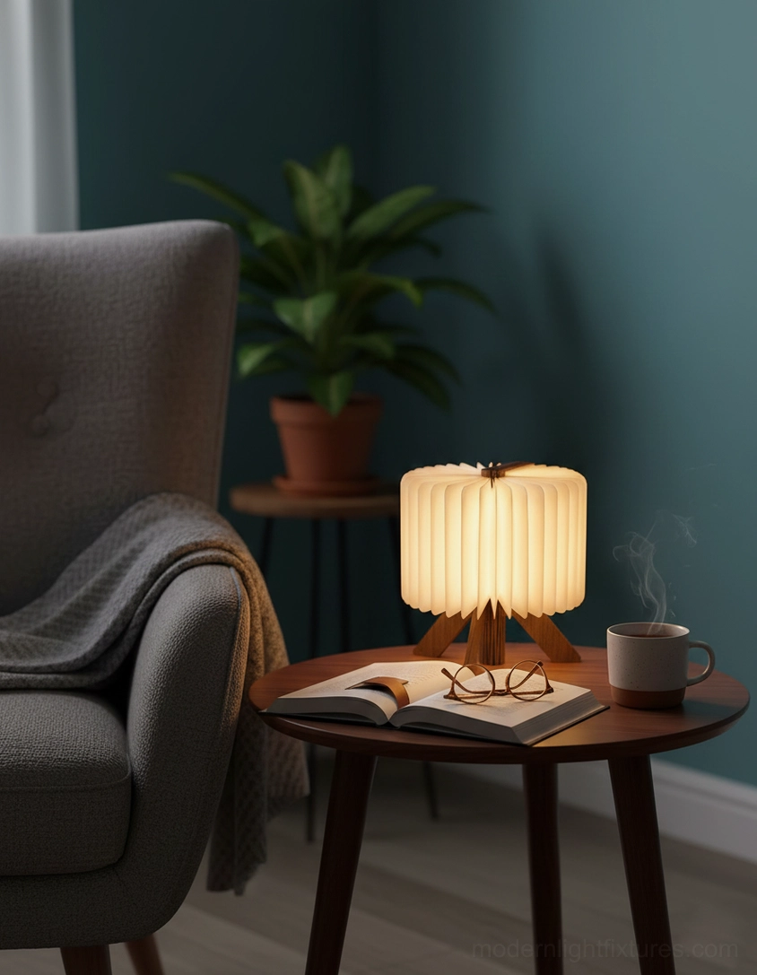 Origami folding lamp with pleated wood stand in cozy living room corner with books, coffee cup and green plant