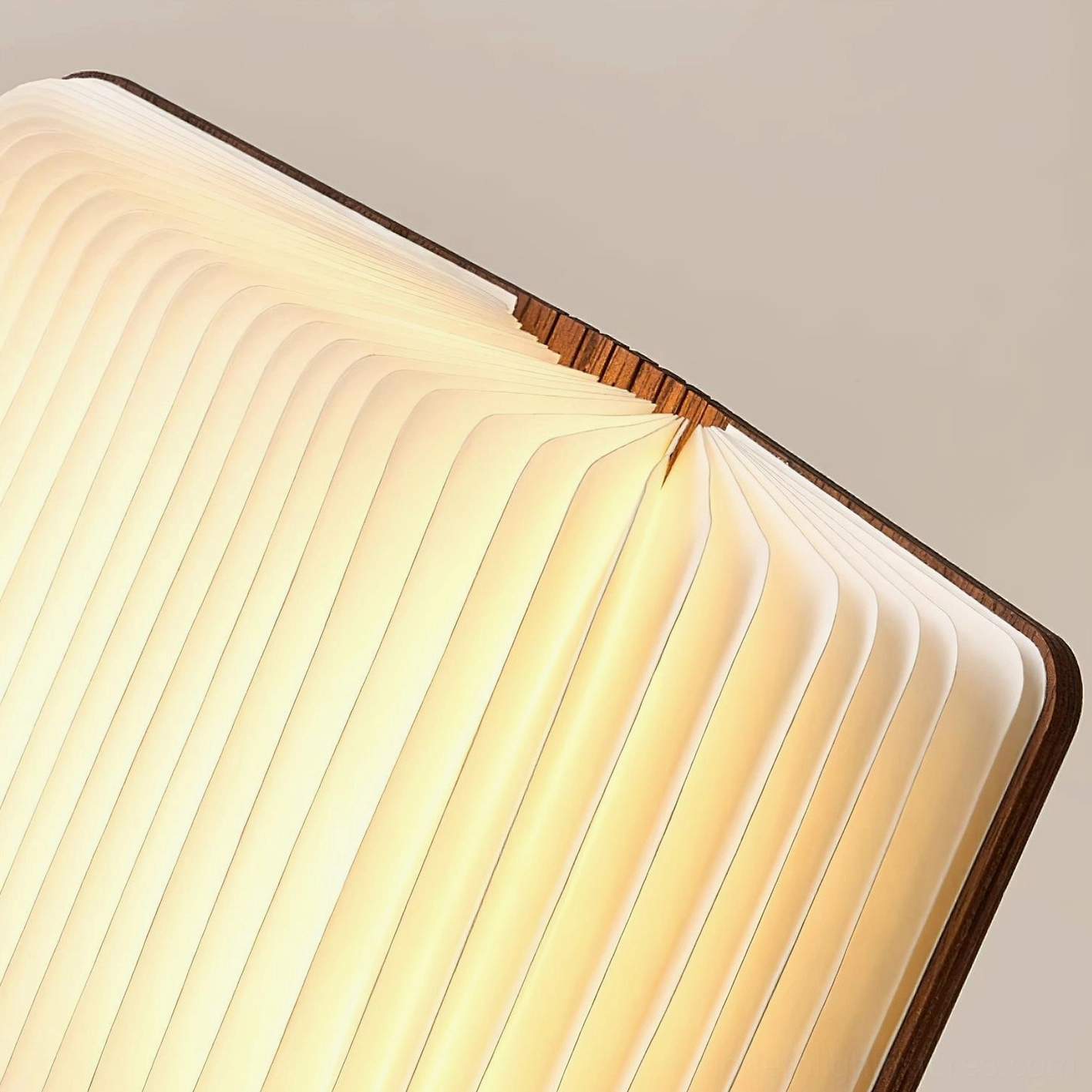 Origami wood foldable table lamp in home library and reading corner with warm ambient lighting