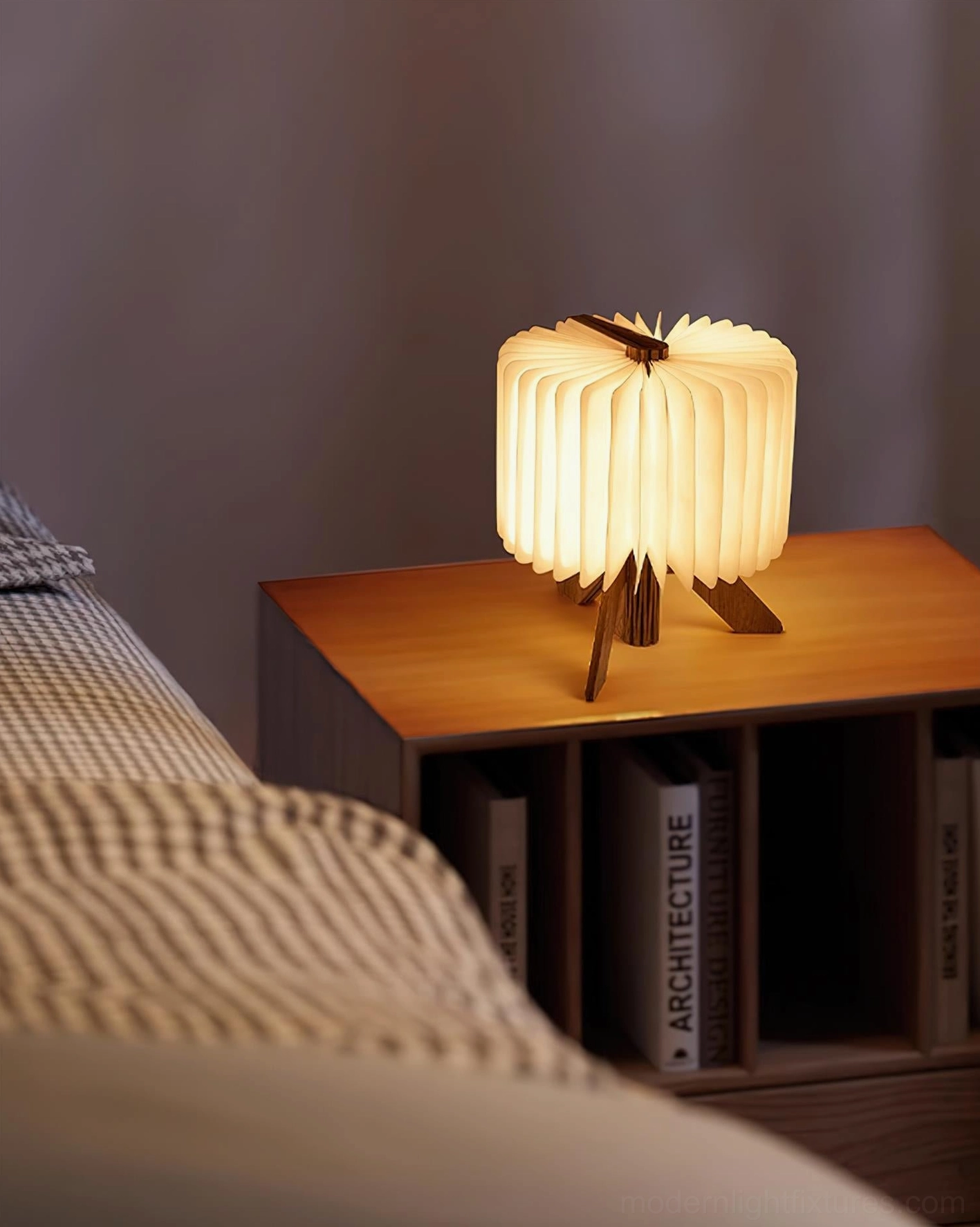 Origami wood table lamp in Scandinavian and contemporary interior design style setting