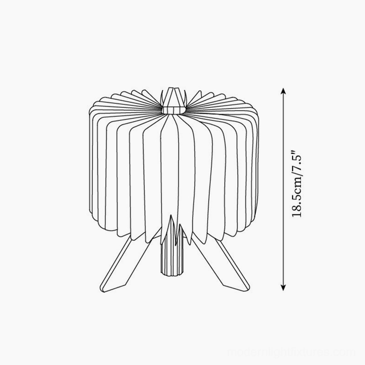 Technical schematic and dimensional specifications of origami wood table lamp showing 18.5cm height measurement