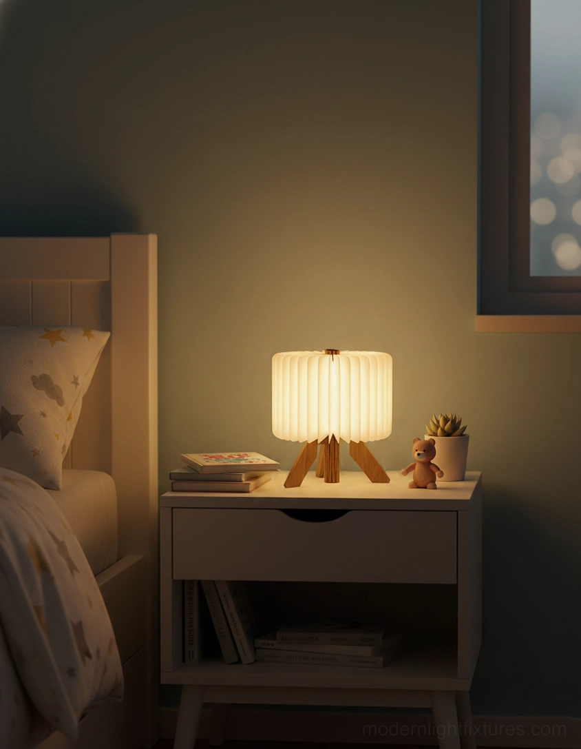 Integrated USB port and base detail of origami folding table lamp, contemporary lighting technology