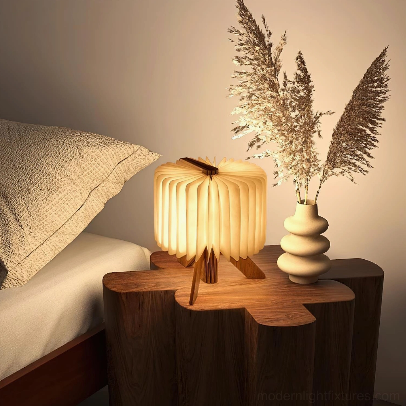 Origami wood lamp warm white LED light diffusion through pleated DuPont paper shade, cozy interior lighting