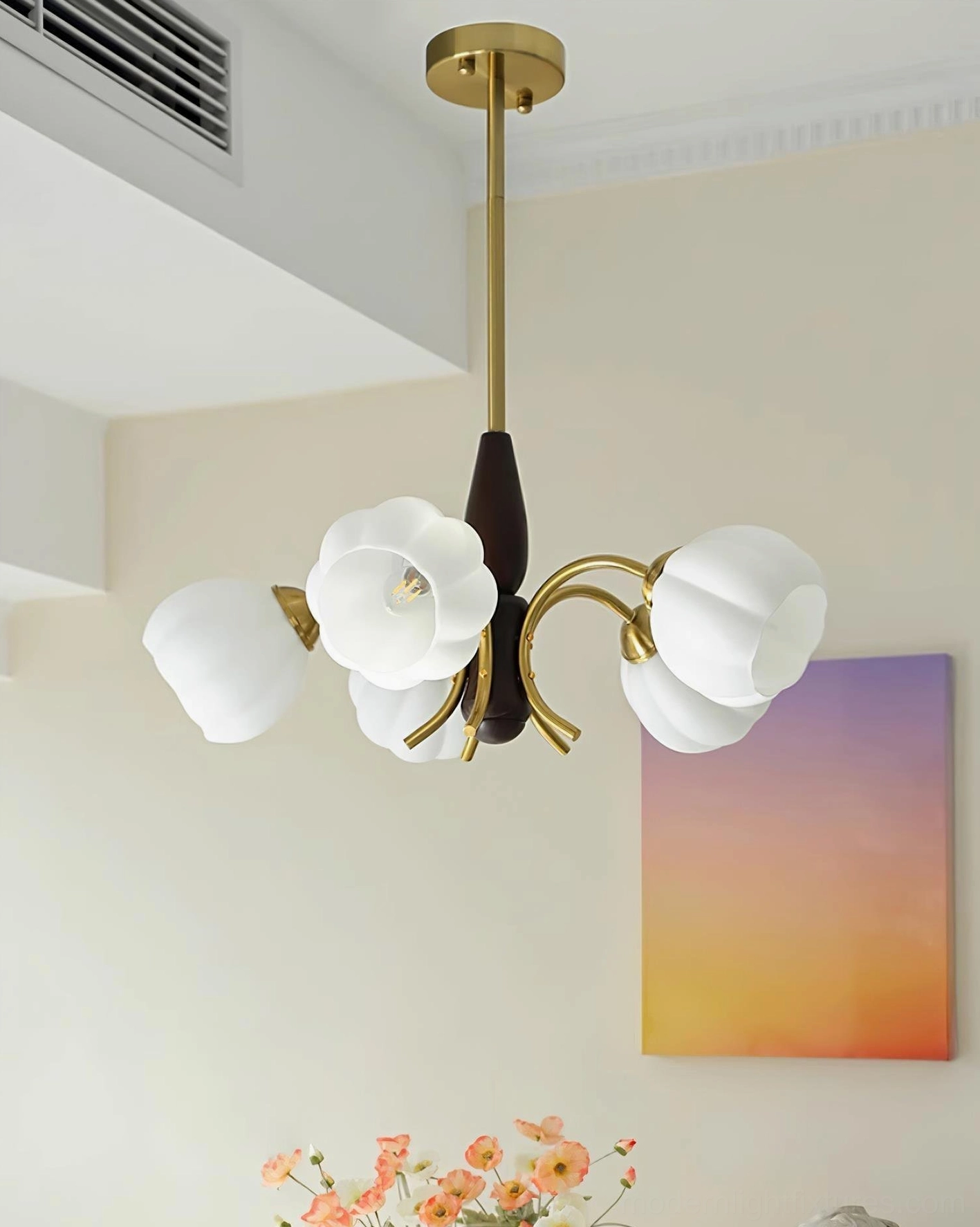 Art Nouveau inspired Orillia flower chandelier showcasing botanical design heritage and frosted glass craftsmanship