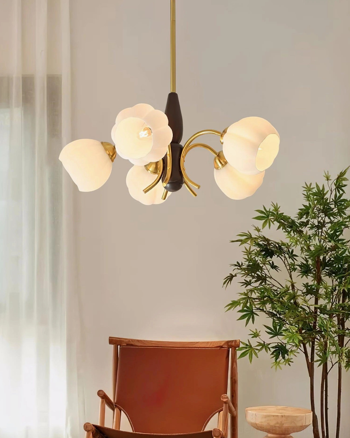 Orillia five-light frosted glass flower chandelier with copper metal frame and walnut wood accents