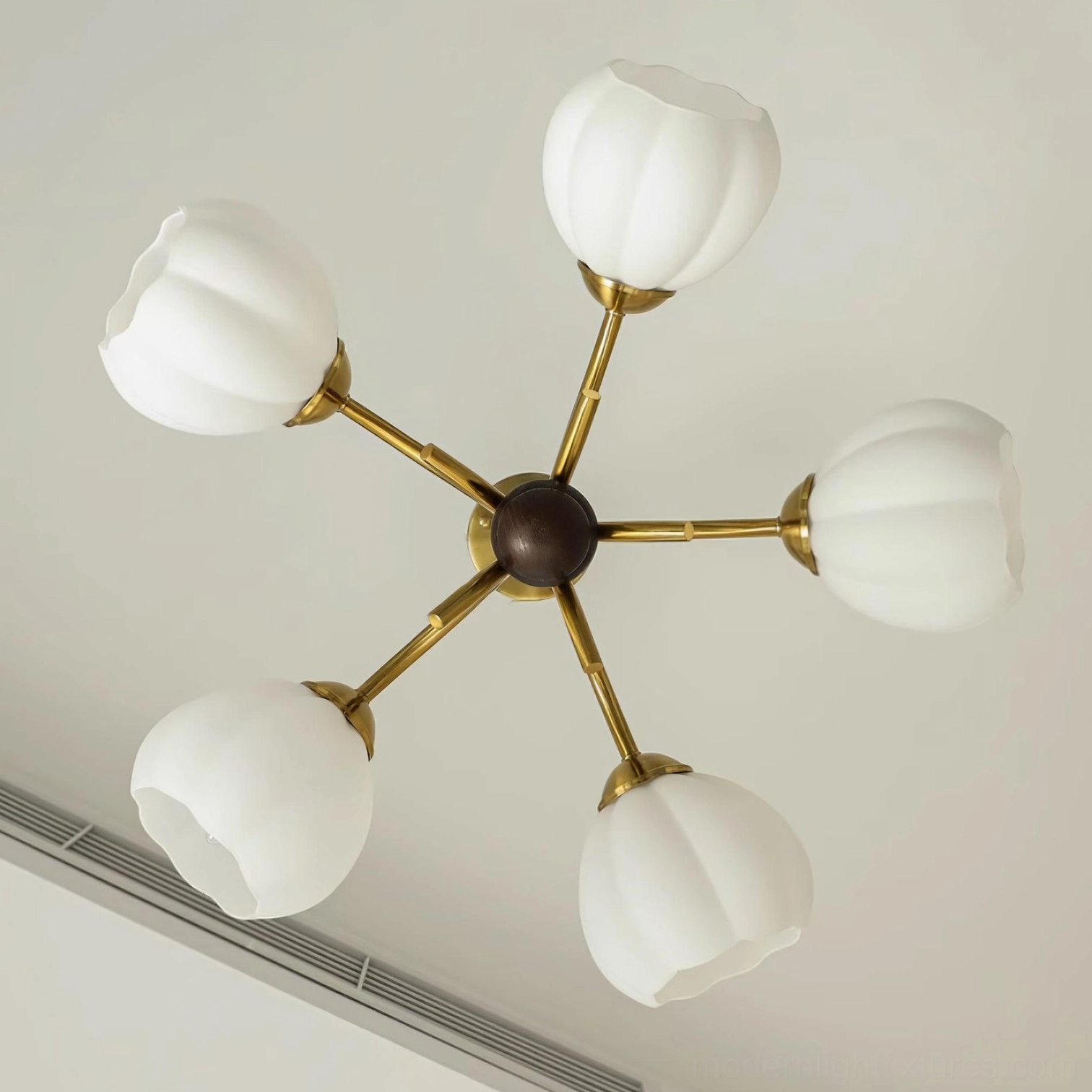 Orillia five-head glass chandelier with dimmer-compatible E14 sockets and botanical flower petal design