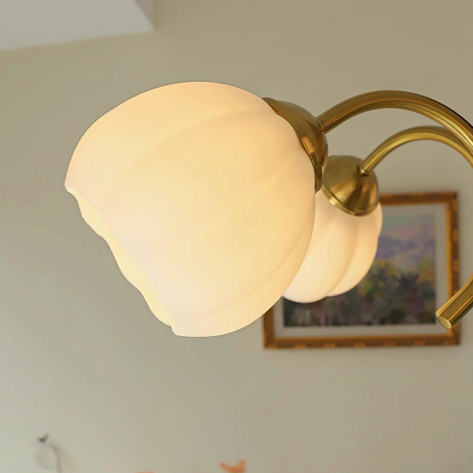 Vintage Orillia chandelier in entryway making sophisticated first impression with frosted glass petals