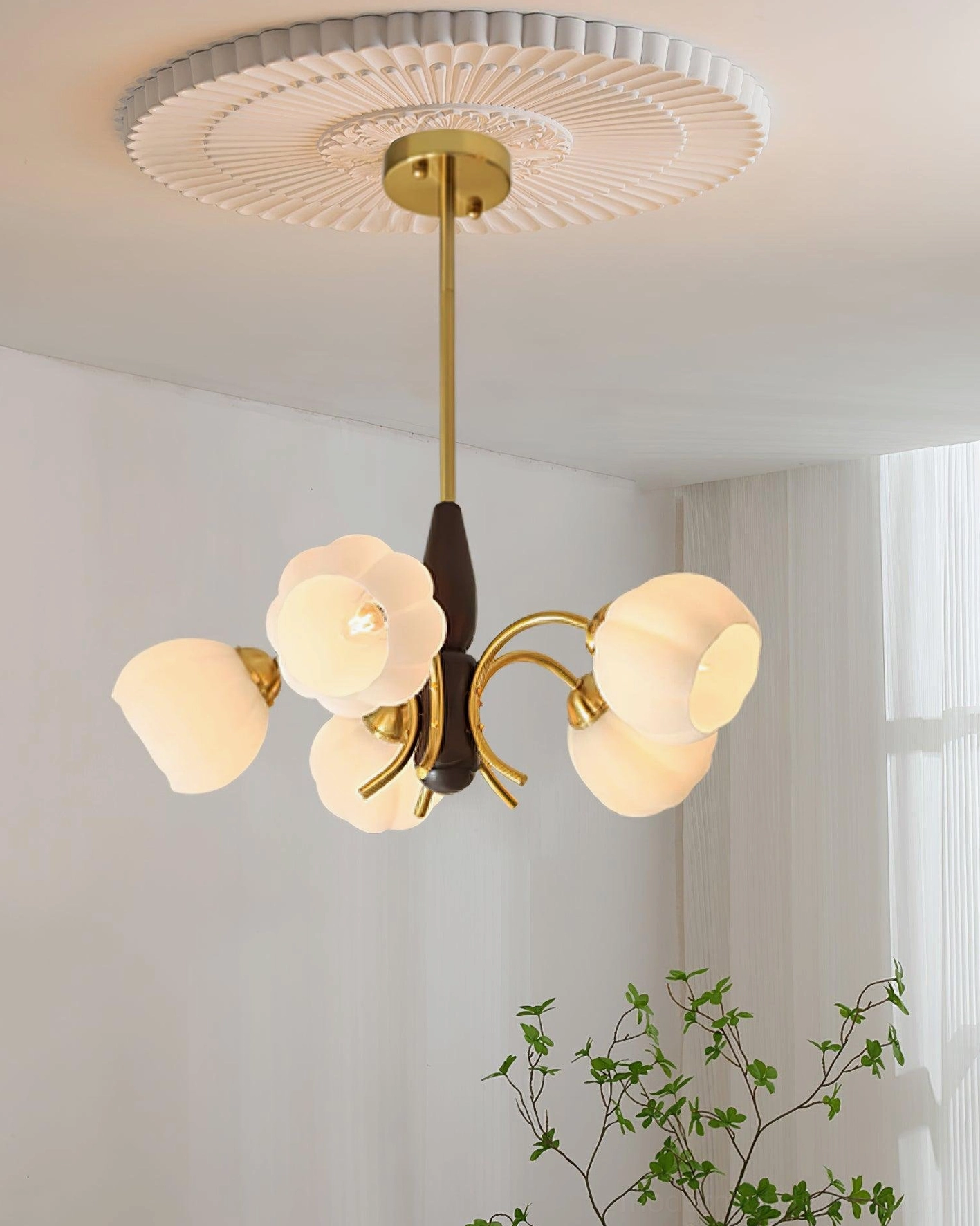 Vintage Orillia flower chandelier low-angle view in modern minimalist room with ceiling medallion