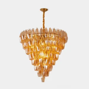 Orinelle tiered amber crystal chandelier with gold metal frame, modern handblown glass pendant light fixture