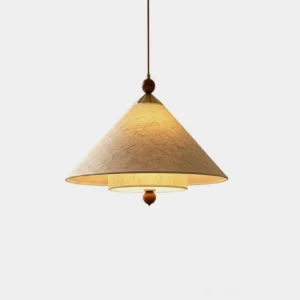 Orlana tiered cone pendant light with beige washi rice paper shade and walnut wood accents on white studio background