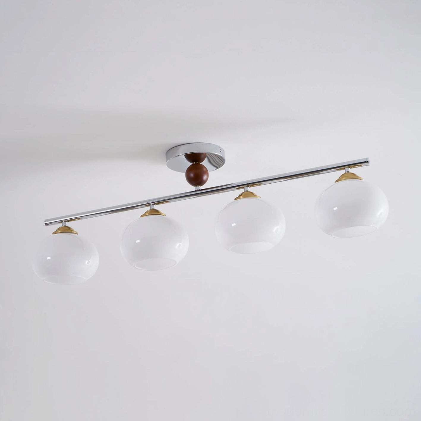 Orley linear glass ceiling light with chrome canopy and white rounded glass shades