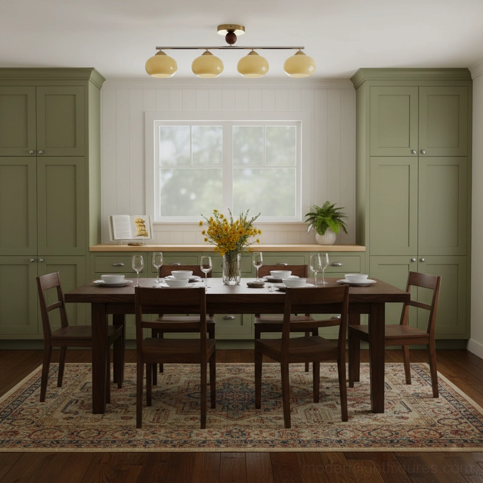 Orley linear glass ceiling light with off-white shades in contemporary kitchen and dining area