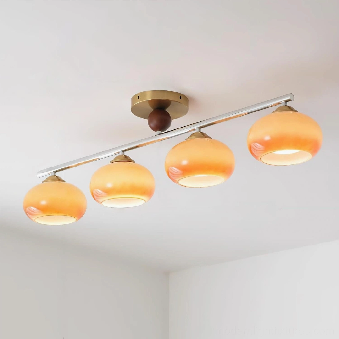 Orley glass ceiling light with multiple finish options: chrome, gold, caramel, white, and beige canopies