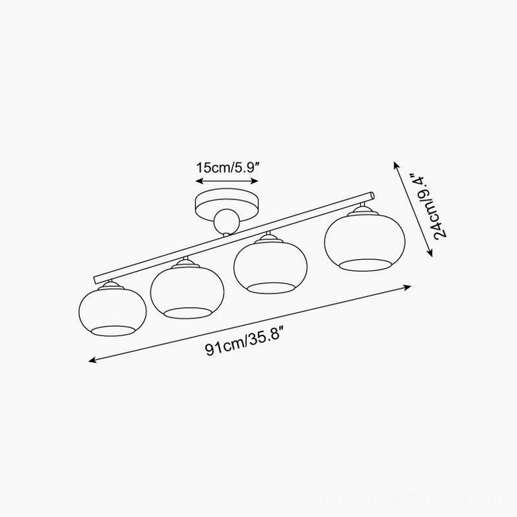 Orley glass ceiling light technical dimensions diagram showing 91cm length and 24cm height specifications