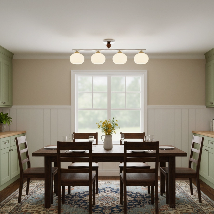 Orley linear semi-flush glass ceiling light in hallway corridor with balanced light distribution