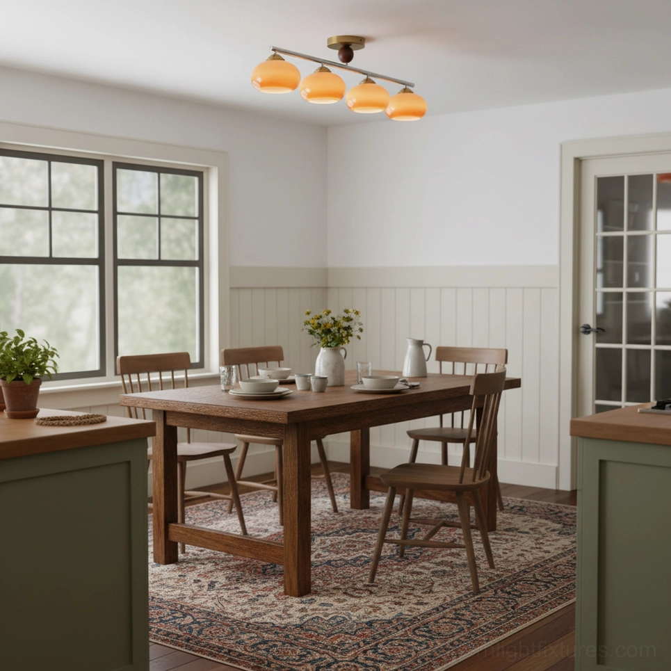 Orley 4-light ceiling fixture with warm orange-tinted glass shades illuminating modern dining room