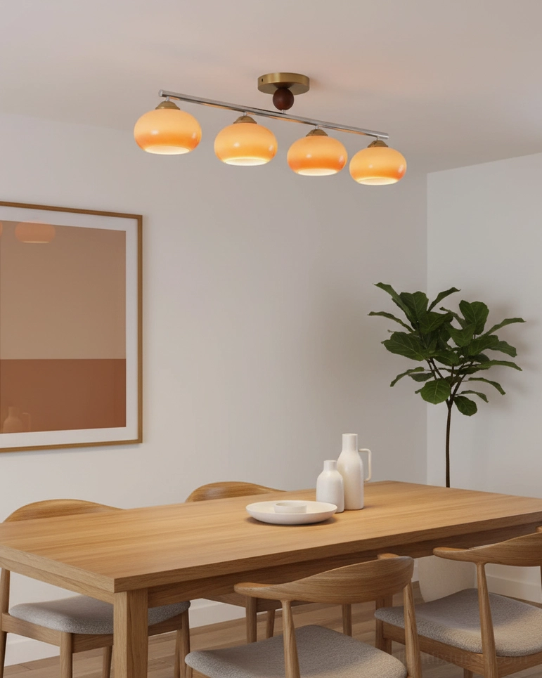 Orley ceiling light fixture with rounded off-white glass globes in modern minimalist living room