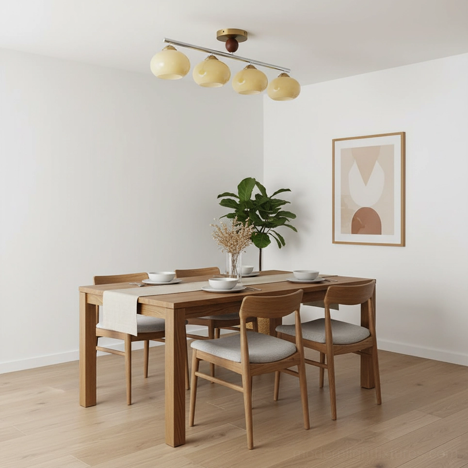 Orley 4-globe linear ceiling light with buttery yellow glass shades in minimalist dining room design