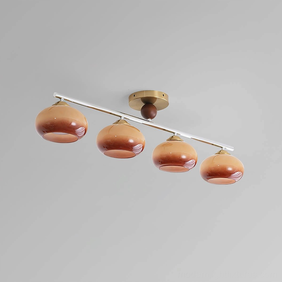 Orley linear semi-flush ceiling light with gradient brown glass shades mounted on silver metal bar