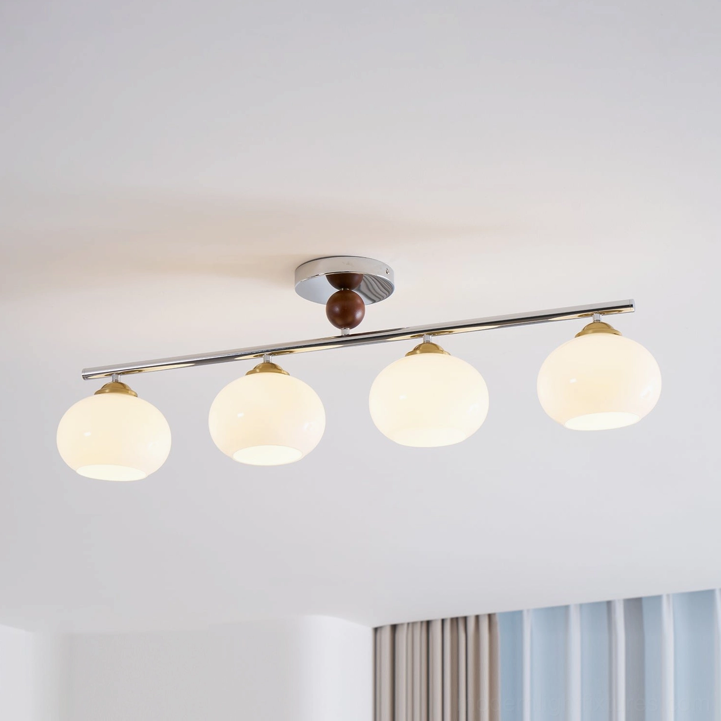 Orley 4-light linear semi-flush ceiling fixture with metal mounting and glass globes