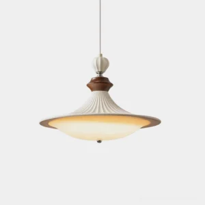 Orlisse mid-century pendant light with ribbed UFO shade and wood accents, front studio view