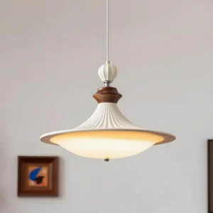 Orlisse retro UFO pendant lamp three-quarter angled view showing frosted resin diffuser and walnut wood trim