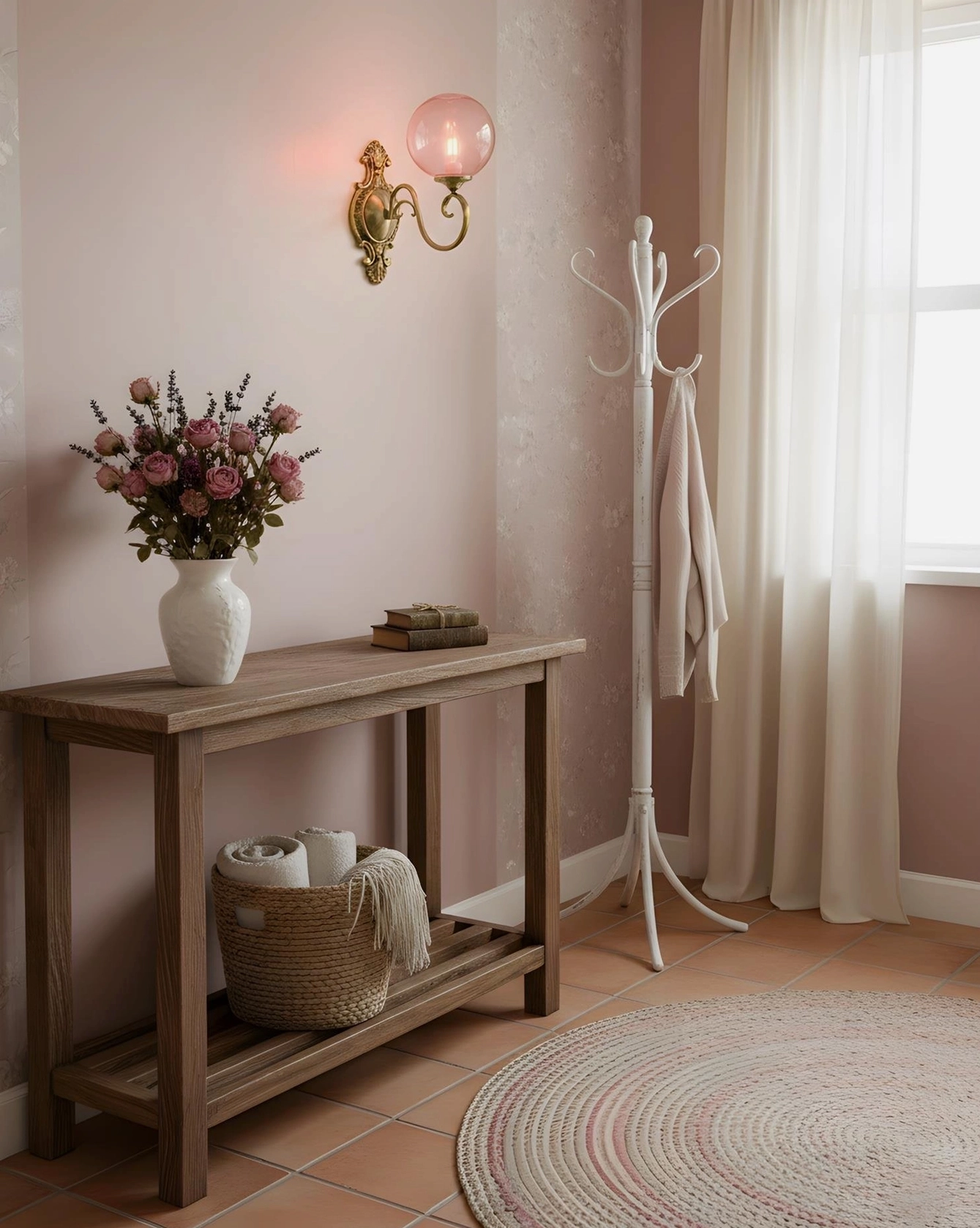 Ornate brass wall sconce mounted on pink entryway wall, elegant romantic hallway decor