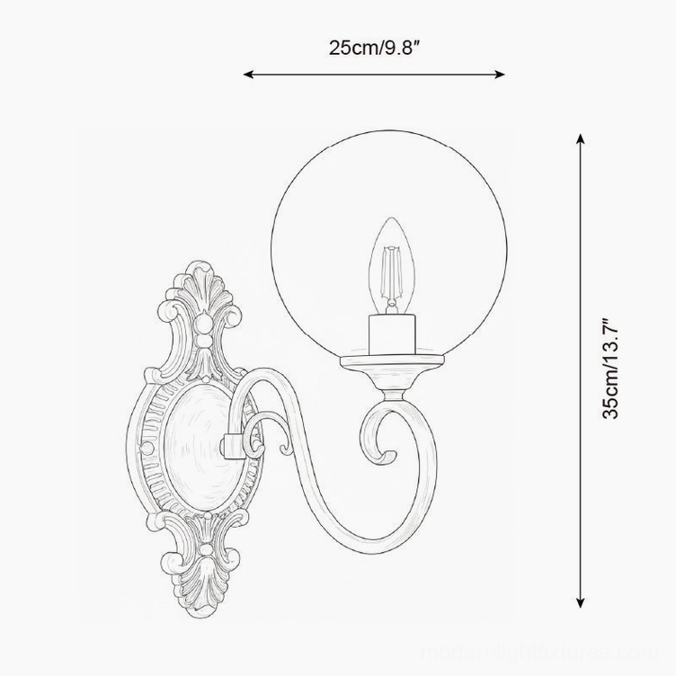 Single-head ornate brass wall sconce technical drawing, orthographic view with dimensions 25cm x 35cm