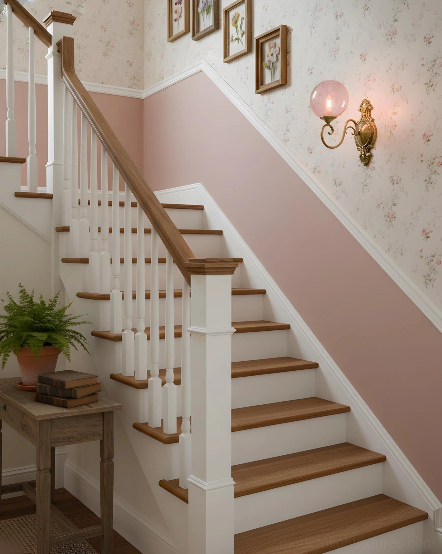 Single ornate brass wall sconce mounted on stairwell corner, pink glass globe vintage lighting