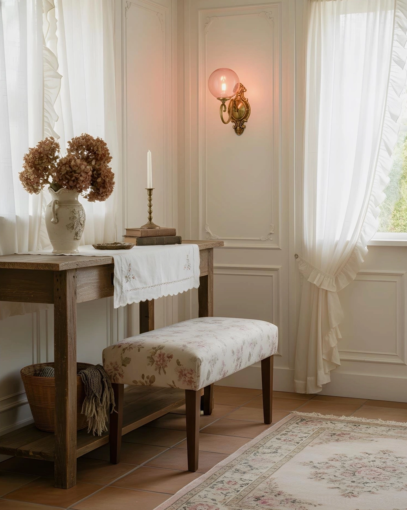 Single ornate brass wall sconce on white paneled dining wall, vintage pastoral styling